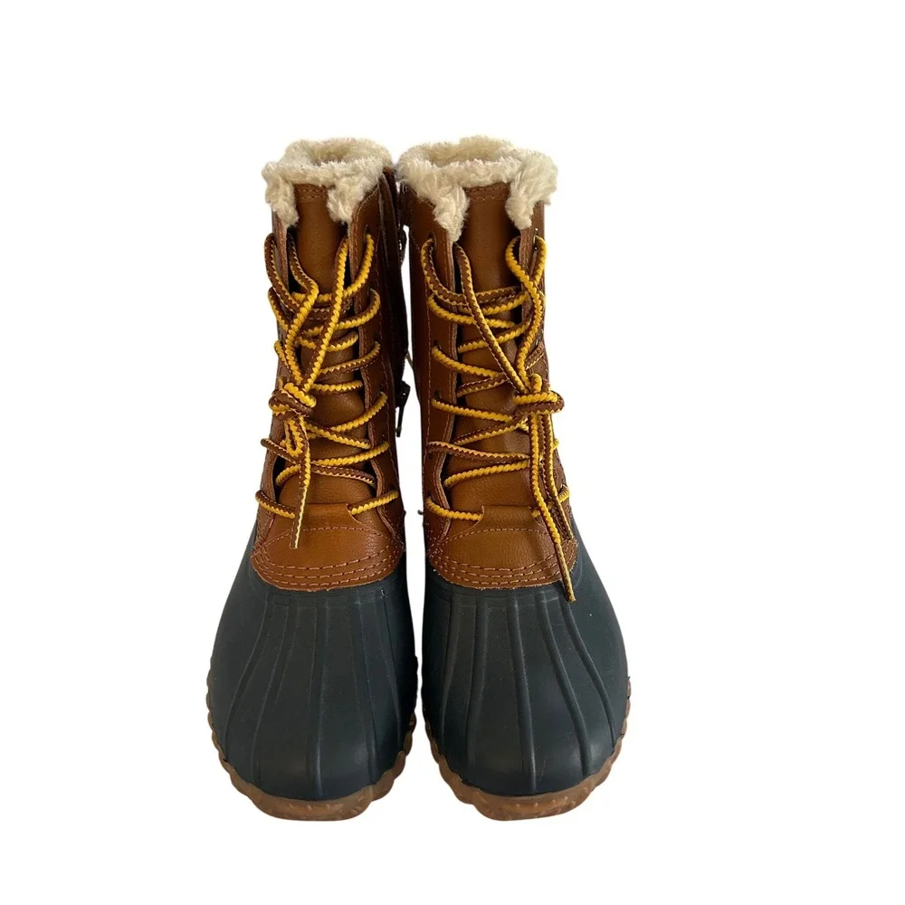 American Eagle Womens Sherpa Lined Duck Boots Brown Navy Blue Lace Up Size 5 NEW